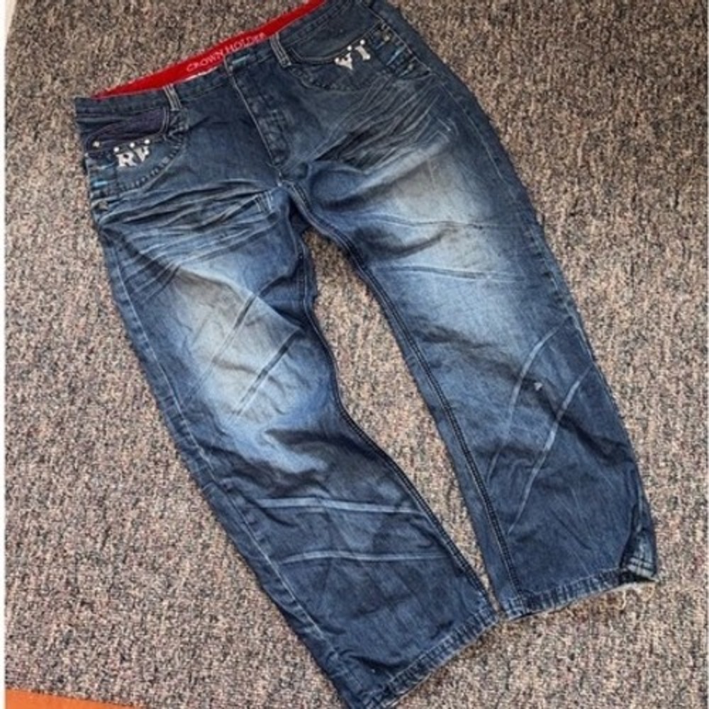 Vintage Crown Holder Mens Baggy Distressed Embroidered Jeans Dark Wash Y2K 44/35 - Picture 2 of 8